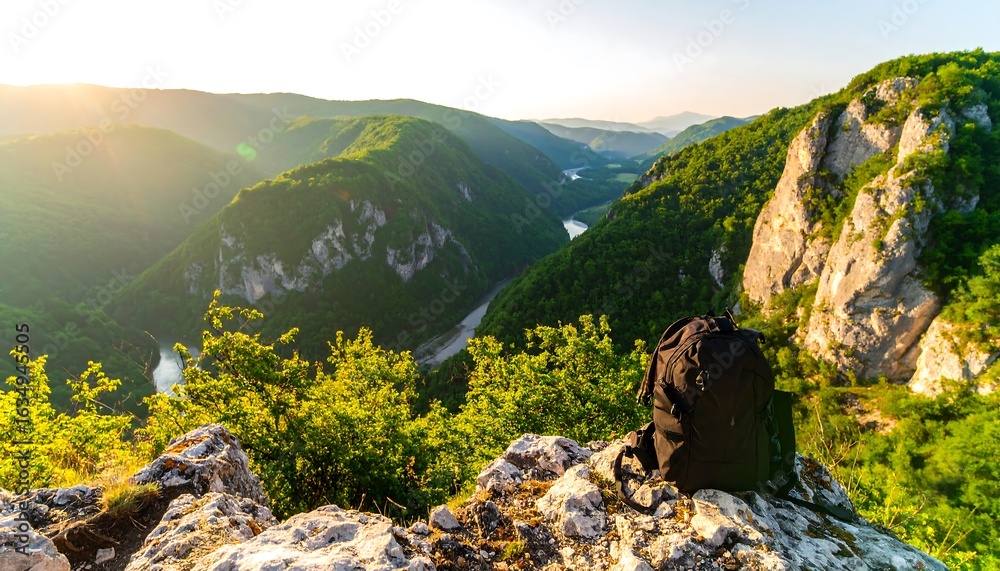 Obraz premium Lonely backpack resting on edge of dramatic rocky cliff