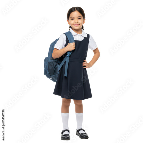 A young girl wearing a school uniform smiles, holding a backpack
