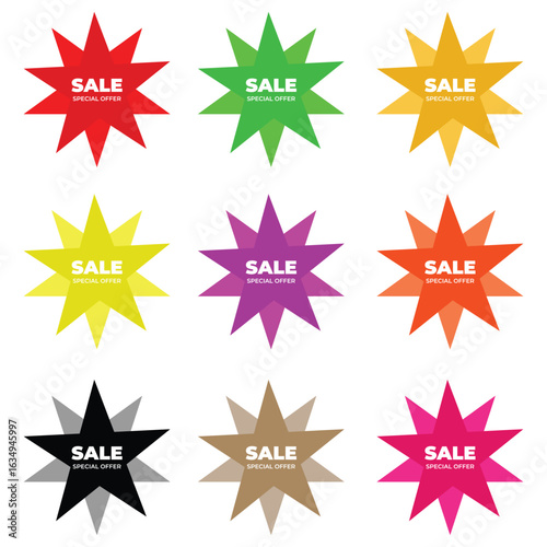 Colorful sale special offer starburst labels for eye catching retail promotion, discount marketing and advertising