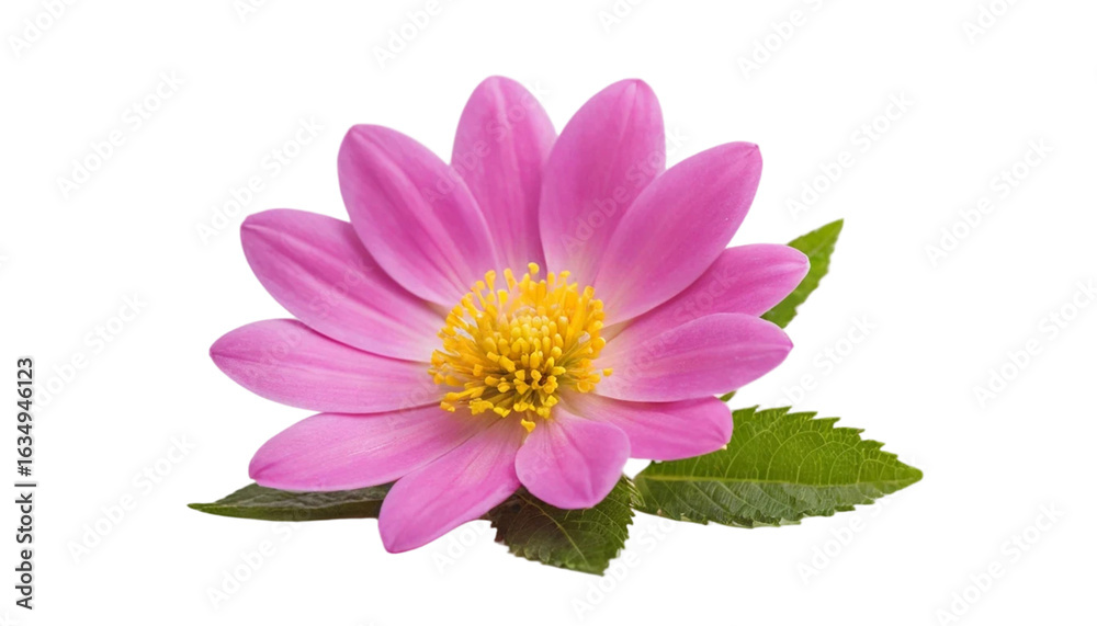 Obraz premium Pink dahlia flower with green leaves isolated on transparent background