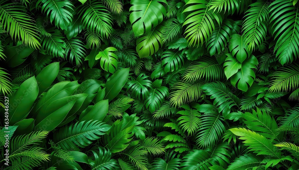 Obraz premium Verdant canopy of tropical foliage featuring vibrant green leaves and a variety of botanical textures creating a dense natural wall