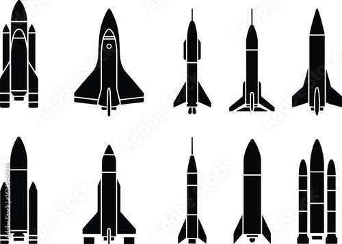 Rocket and shuttle silhouette set, aerospace vehicle designs, space exploration icons, black vector clipart, launch system bundle, satellite mission artwork