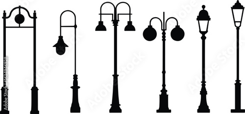 Street lamp silhouette set, urban lighting designs, vintage modern styles, black vector icons, architectural clipart, cityscape elements, outdoor decor bundle