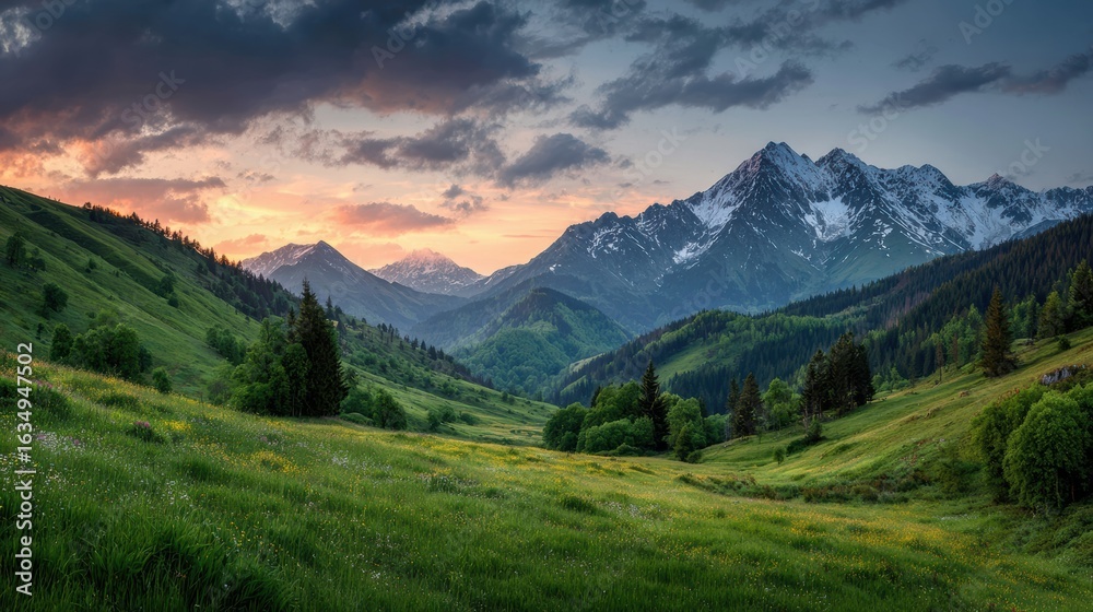 Fototapeta premium Breathtaking mountainous landscape at sunset, showcasing vibrant colors and lush green valleys.