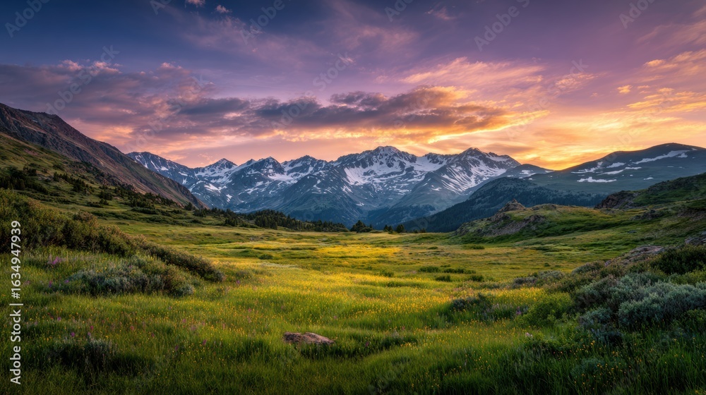 Fototapeta premium Breathtaking view of a lush green valley surrounded by majestic mountains under a vibrant sunset sky.