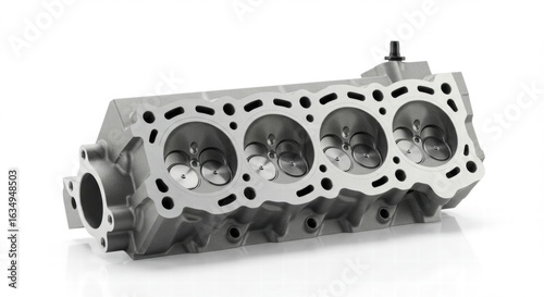 High-Angle Studio Shot of a New, Unused, Engine Cylinder Head, on White Background