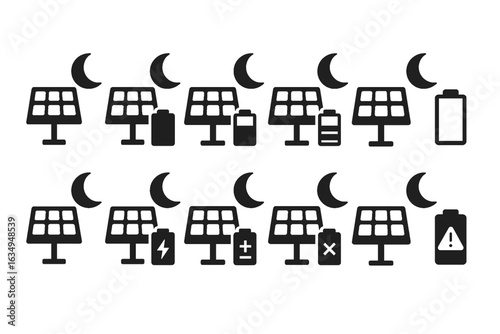 Night Mode Solar Storage System Icons Silhouette Vector Battery Indicators