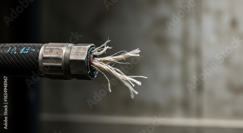 Damaged Electrical Cable with Exposed Wires, Close-up, Industrial Concept