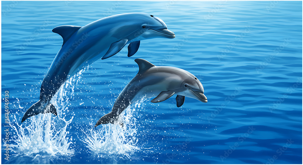 Fototapeta premium Two Dolphins Leaping from Ocean Waters in Artistic Style