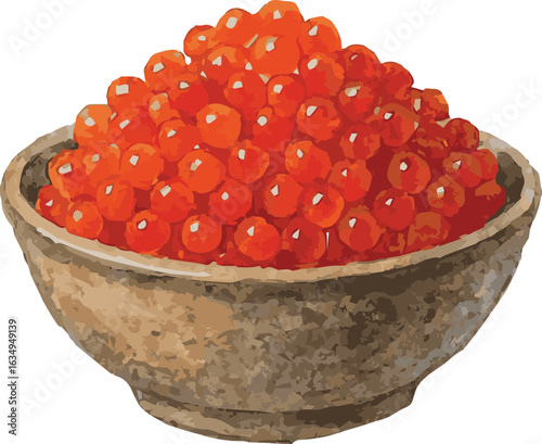 Vector realistic watercolor illustration of a bowl of red caviar