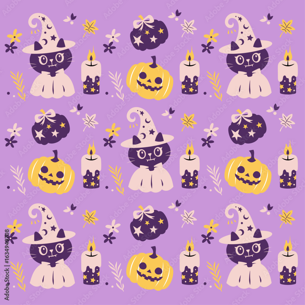 Fototapeta premium Cute Halloween Witch Cat Pattern with Pumpkins and Candles