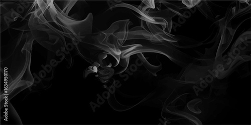 Gray smokes or steam, for use on dark background. Smoke and powder overlay on black background. Smoke steam set of airborne particulates and gases emitted. Scene of white cloudiness, steam or morning 