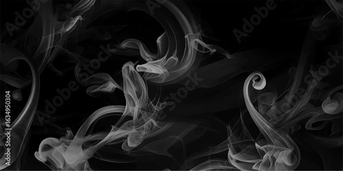 Gray smokes or steam, for use on dark background. Smoke and powder overlay on black background. Smoke steam set of airborne particulates and gases emitted. Scene of white cloudiness, steam or morning 