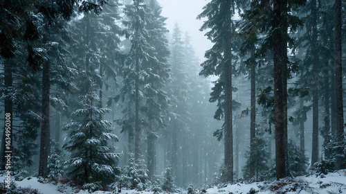 Fototapeta Naklejka Na Ścianę i Meble -  Snowfall in a dense evergreen forest with tall trees and frosted branches winter