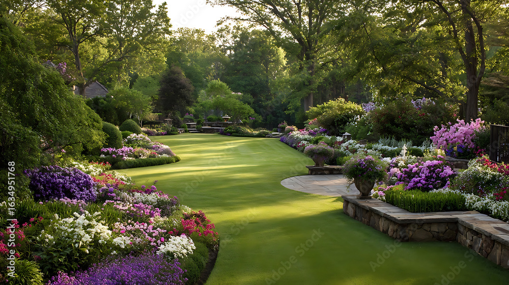 Obraz premium Lush green lawn bordered by vibrant flowering shrubs and manicured trees garden flowers