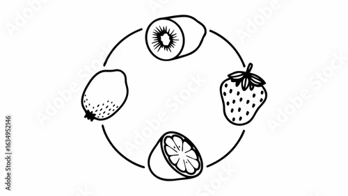 Fresh fruit circle with lemon, strawberry, kiwi and mango, hand drawn style, promoting healthy eating and vibrant lifestyle