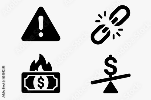 Risk and Financial Loss Icons Set – Warning, Broken Link, Fire, and Market Downturn