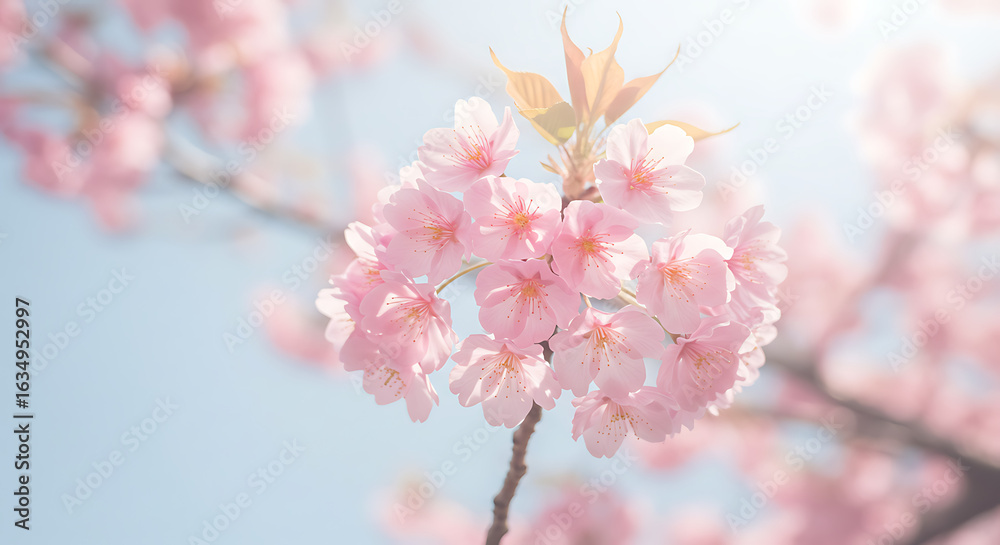 Obraz premium Dreamy Pink Cherry Blossom Cluster Against a Soft Blue Sky