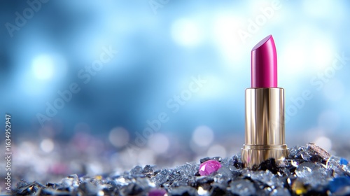 Pink lipstick and gemstones on abstract blue background glamour beauty still life