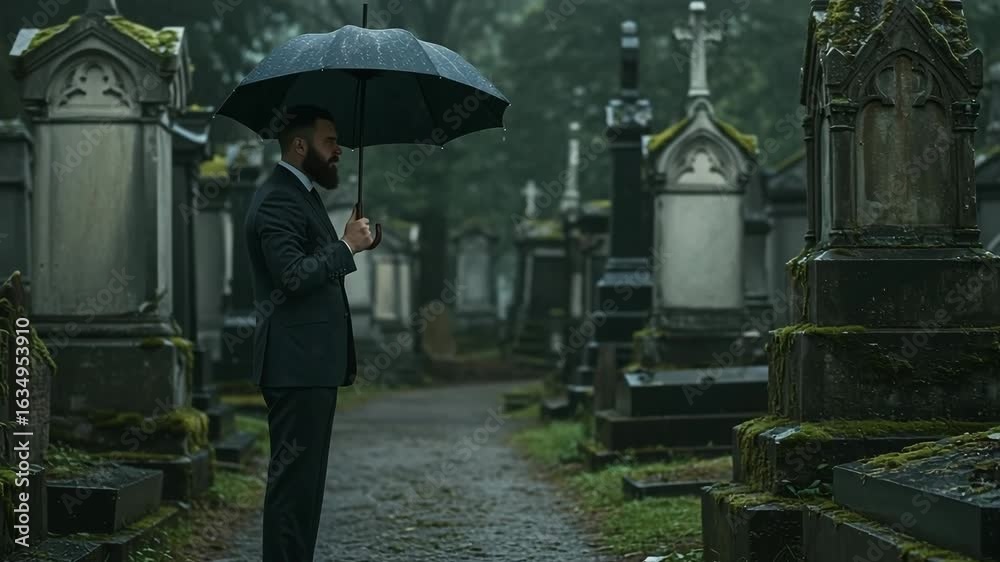 Black umbrella in cemetery rain Black umbrella in cemetery rain