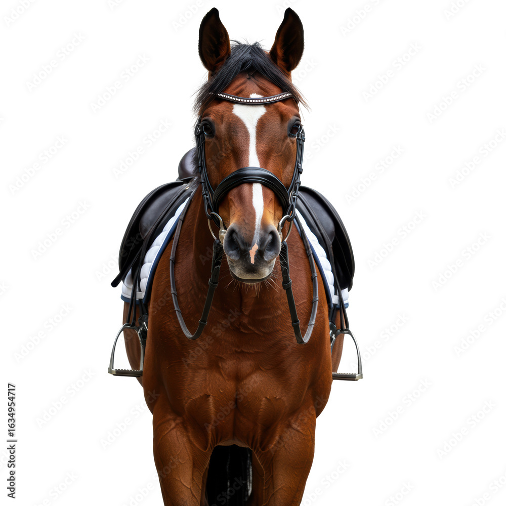 Fototapeta premium Magnificent brown horse in full tack, posing for a head-on portrait against a black backdrop.