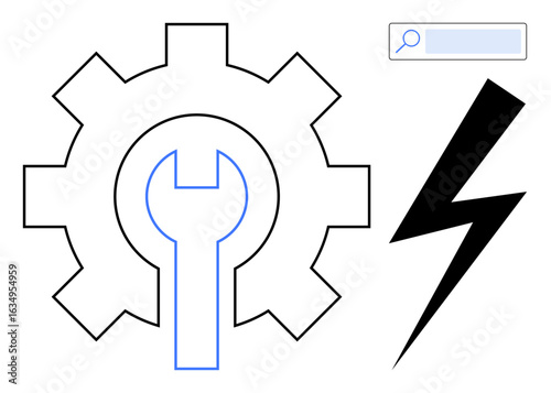 Gear with wrench for maintenance, lightning bolt for energy, and search bar as exploration tool. Ideal for technology, settings, solutions, mechanics, innovation, power simple landing page