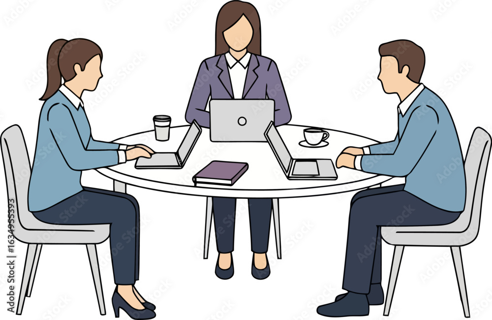 Obraz premium Business Meeting Illustration of Three Professionals Collaborating with Laptops Around a Round Table for Corporate Strategy and Development