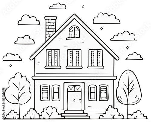 Outline Drawing of a House with Chimney, Windows, Trees, and Clouds, Coloring Page Style