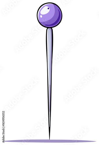 Vibrant purple headed sewing pin solitary illustration for craft projects and office stationery