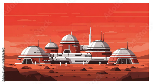 Futuristic Mars Colony Illustration: Red Planet Settlement with Domes and Buildings