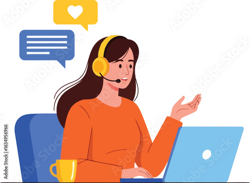 Friendly Customer Service Representative Working Online from Home with Laptop and Headset Communicating with Customers
