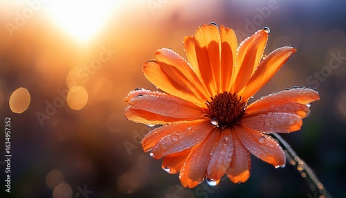 single orange flower with morning dew soft backlight nature s delicate beauty in a drop