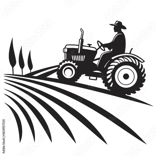 Silhouette Of A Farmer Plowing With A Tractor
