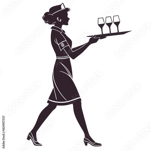 Silhouette Of A Flight Attendant Serving Drinks
