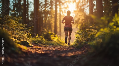Runner enjoys a morning jog through a serene forest trail at sunrise