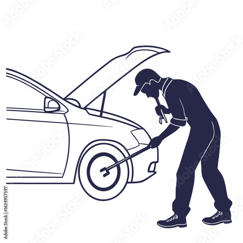 Silhouette Of A Mechanic Fixing A Car