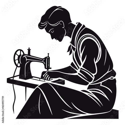 Silhouette Of A Tailor Sewing At A Machine