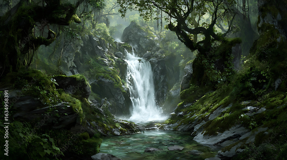 Fototapeta premium Lush jungle waterfall cascading into a clear pool surrounded by mossy rocks and ancient trees forest