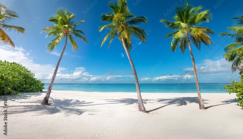 Fototapeta premium a line of palm trees framing white sand against the background of a sparkling ocean creates a pi