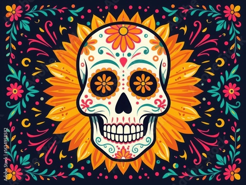 Vibrant sugar skull adorned with flowers and sunburst background