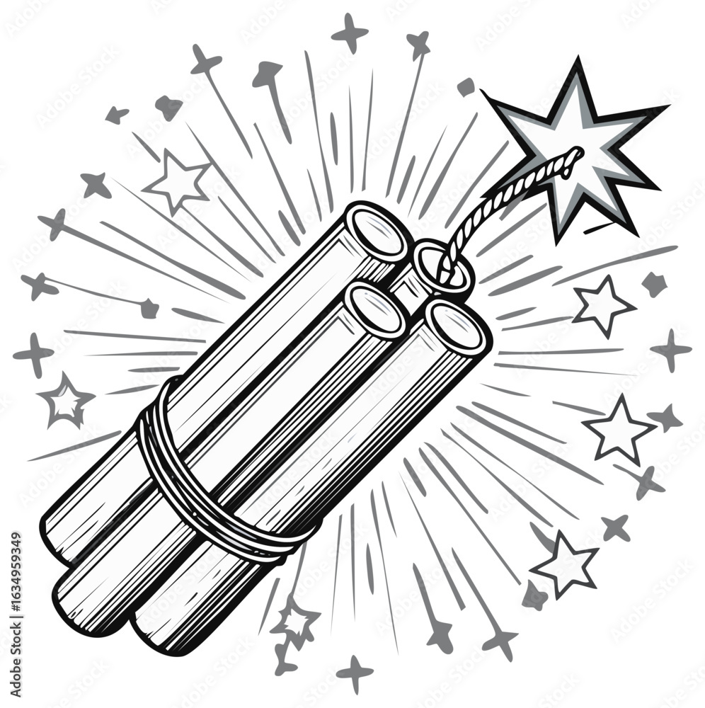 Fototapeta premium Dynamite stick with lit fuse, stars and burst