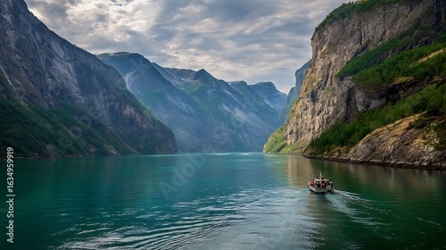 Boat cruises fjord, Norway. Illustrates travel, exploration, natural beauty. Ideal for tourism marketing, website design, editorial use.