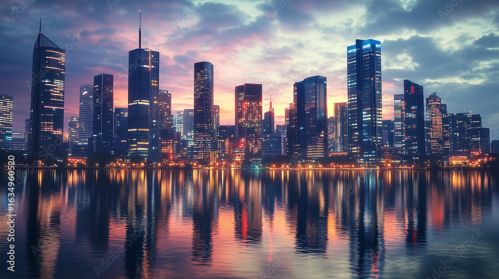Fototapeta premium Urban city skyline at dusk with illuminated skyscrapers reflected on calm water. Stunning modern architecture under dramatic clouds