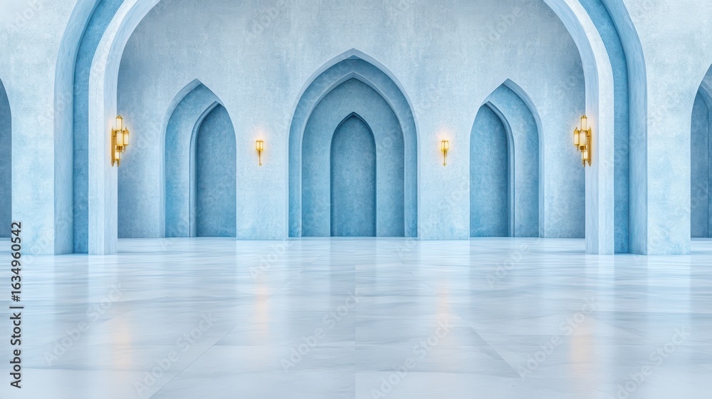 Fototapeta premium This architectural rendering captures a beautiful hall with stunning blue tones and golden sconces.