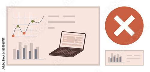 Laptop with bar chart, line graph, and error mark illustrating issues in data analysis or processing. Ideal for analytics, troubleshooting, problem-solving, reporting, research, workflow management