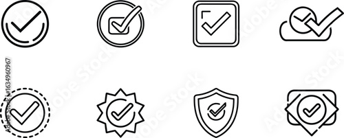 Set of Check Mark Icons in Various Shapes on Transparent Background
