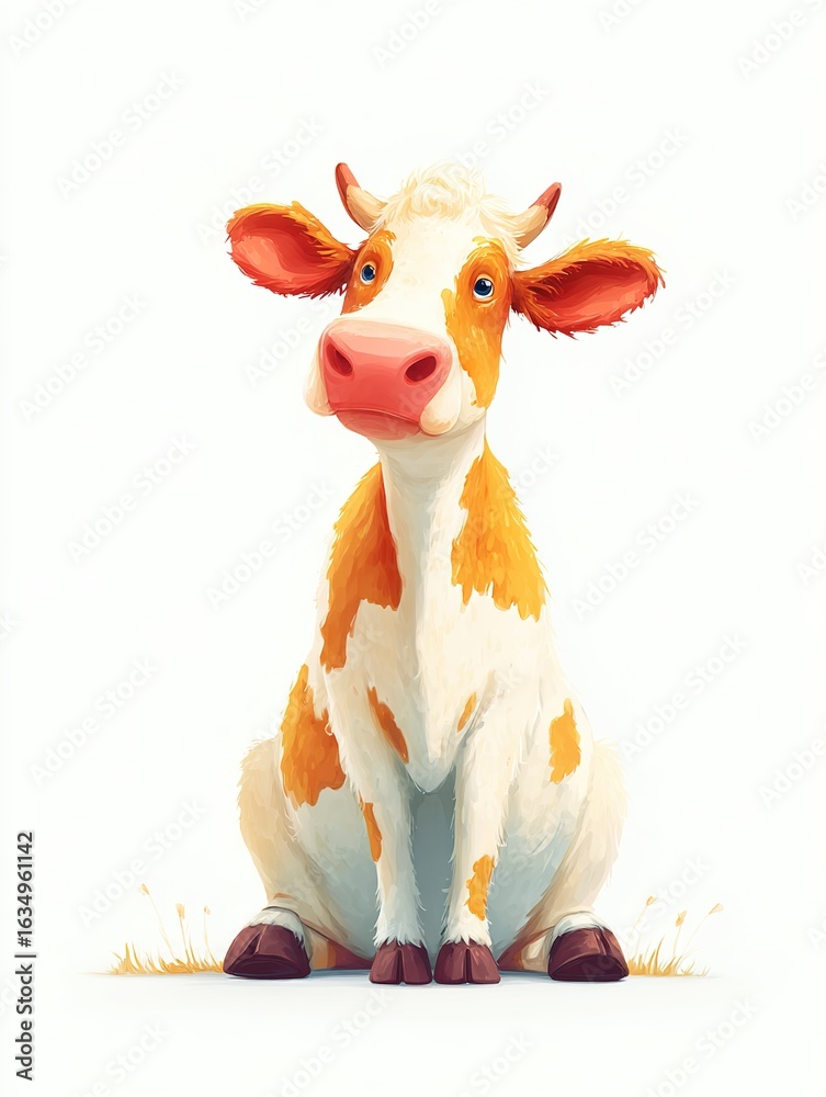Fototapeta premium Red calf cute eyes sitting grass smiling ears small horns charming cartoon style illustration kids books prints posters