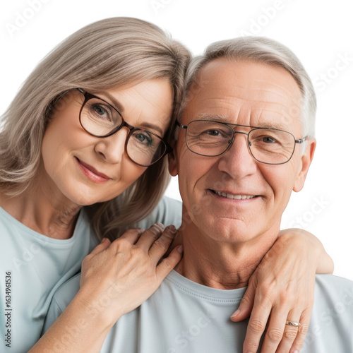 Happy senior couple wearing glasses isolated on transparent background