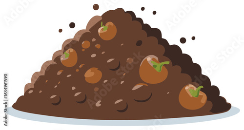 Brown cartoon hill of dirt with seeds and small seedlings growing, ready to plant in a garden or farm