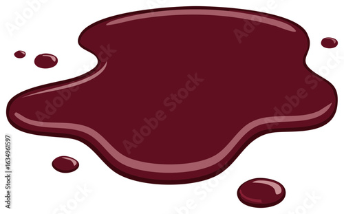 A large puddle of deep red liquid with smaller droplets scattered around it on a white background